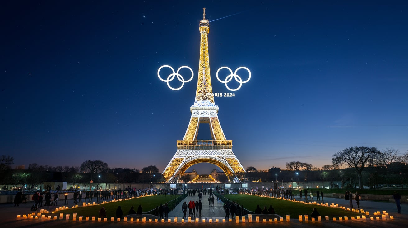 Eiffel Tower Lit Candles Pray Olympic Paris 2024